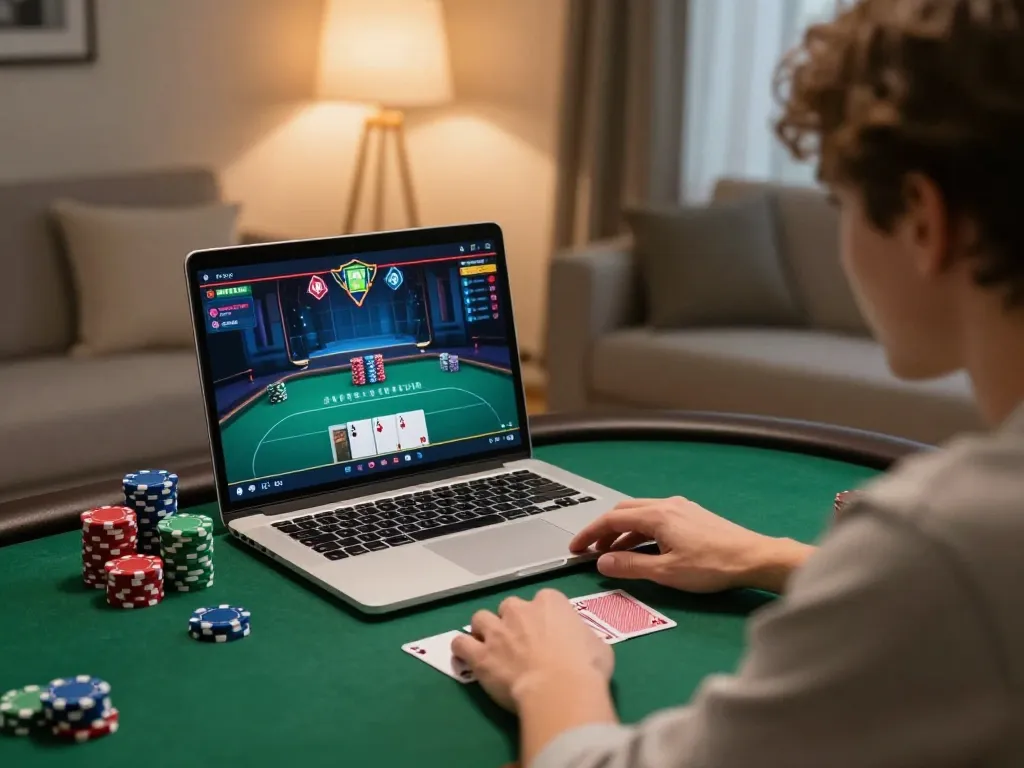 3win actor playing poker online with strategic focus during an evening gaming session at home.