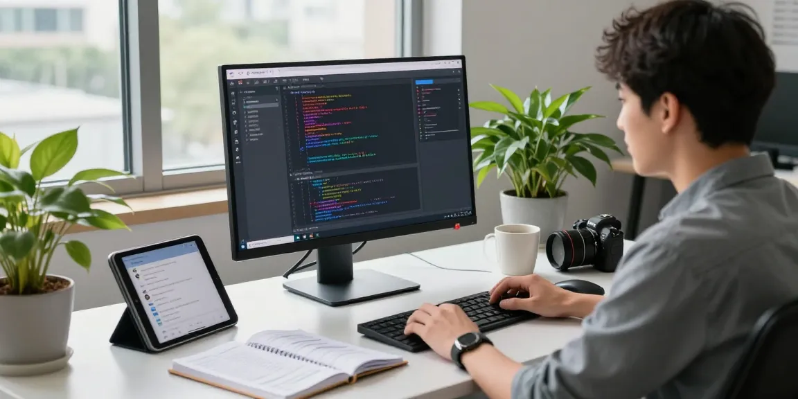 Developer coding on telegram中文版 interface in a modern office workspace.