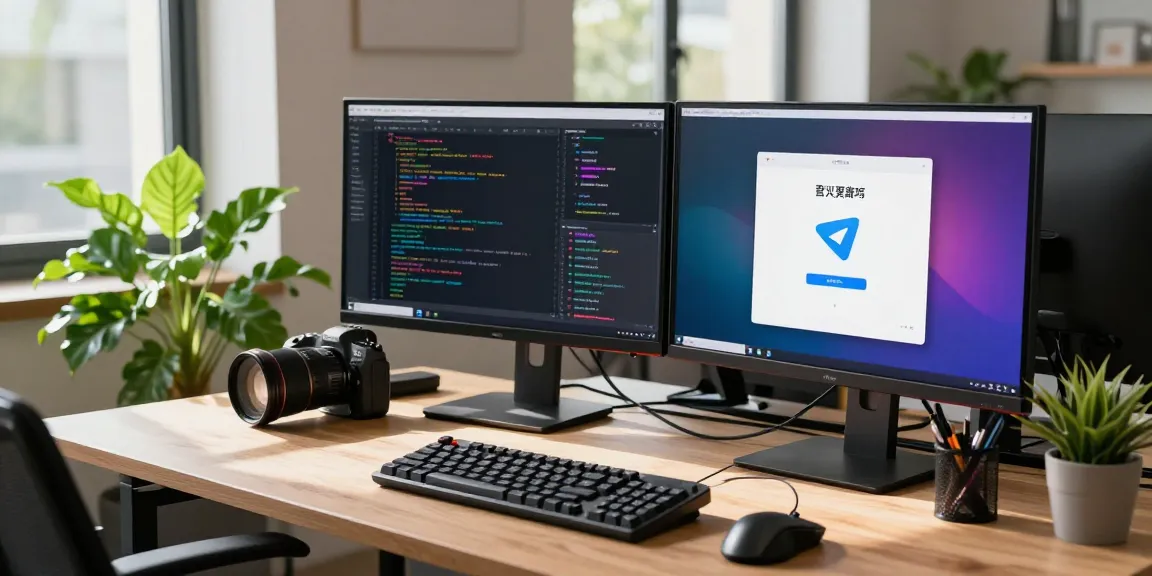 Engaging workspace with Telegram中文版 chat interface on monitors, showcasing modern tech communication.
