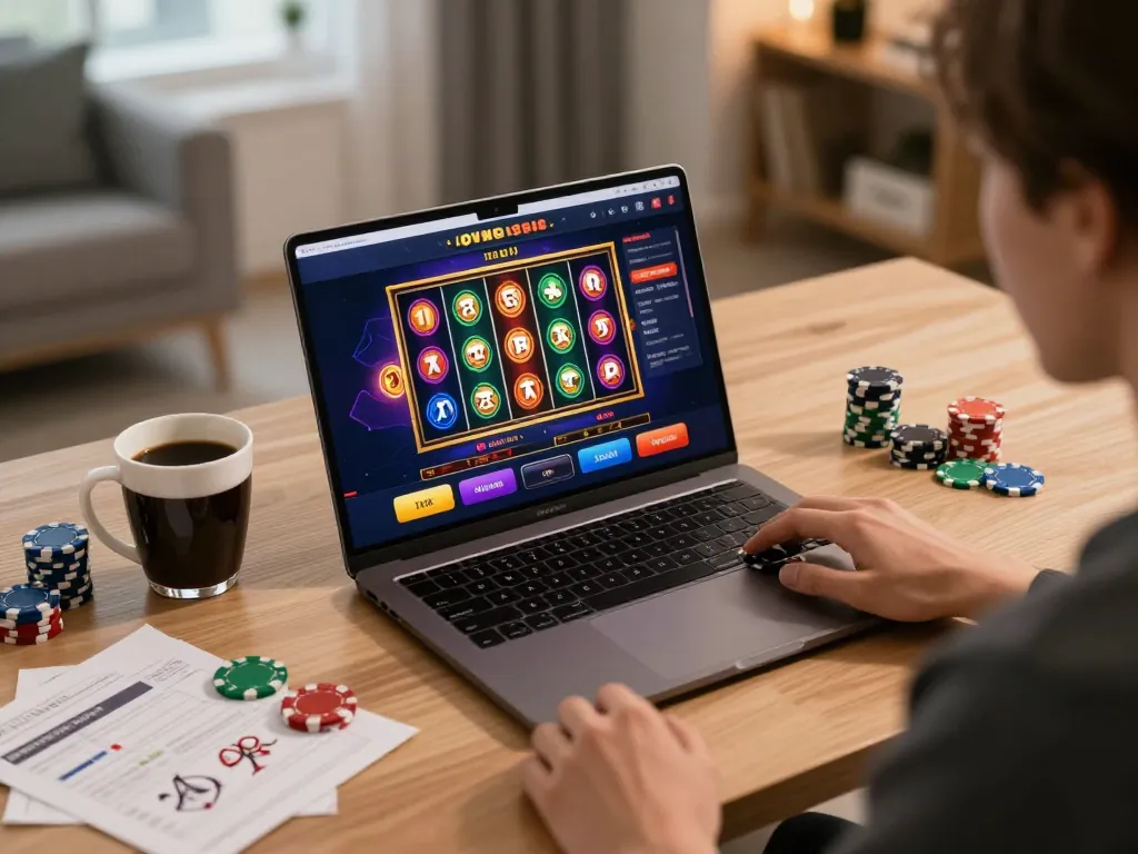 Player enjoying online gambling on Trang Chủ RR88 with vibrant slot game interface and relaxed home atmosphere.