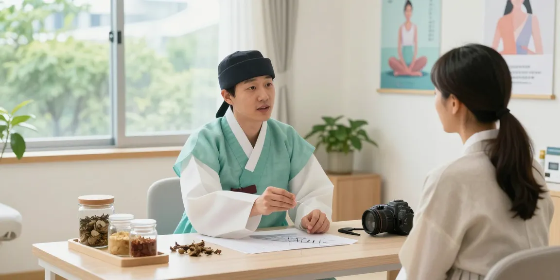 Comfortable consultation at 수원한의원 with a healthcare professional discussing holistic treatments in a calming environment.