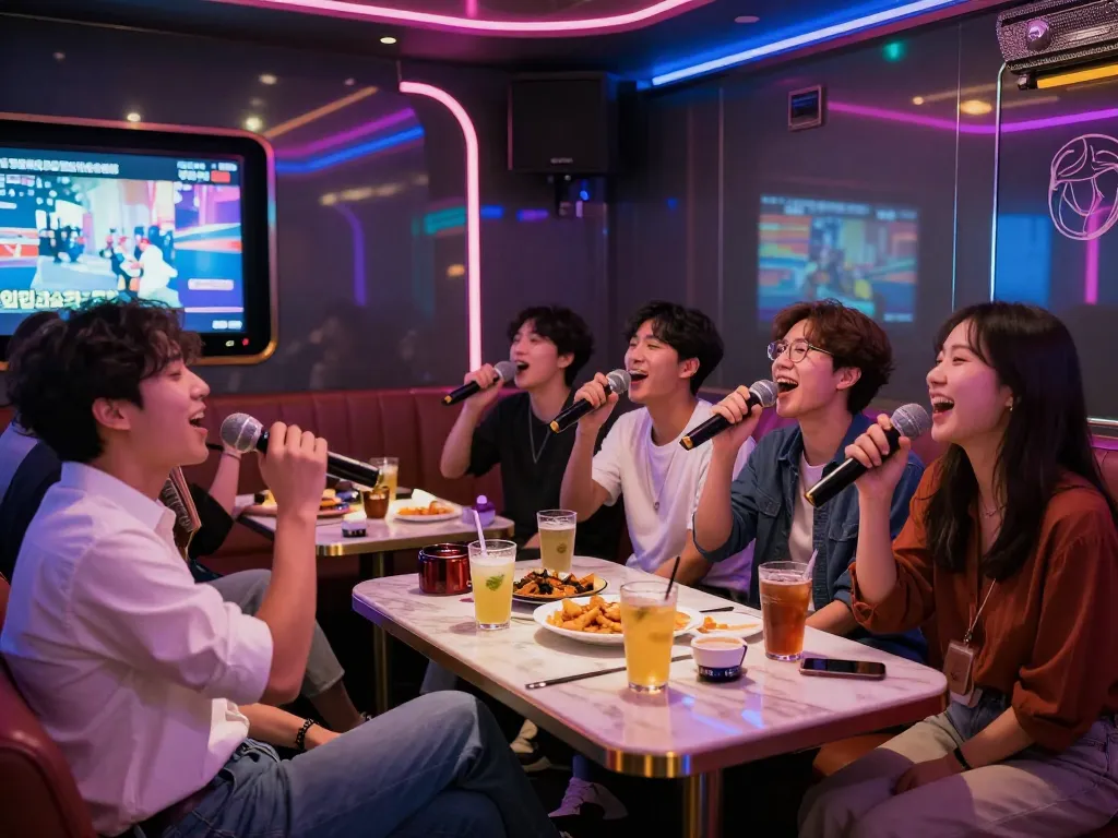 Enjoying a lively night at 인천쓰리노 karaoke room with friends