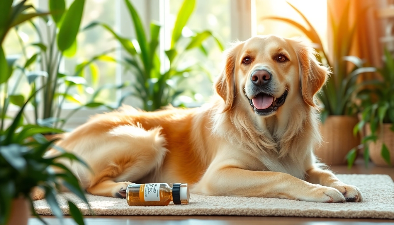 Calming golden retriever enjoying CBD For Pet in a bright, inviting setting.