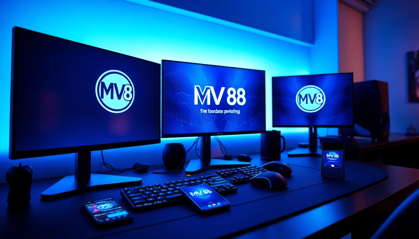 MV 88 branded gaming setup with advanced peripherals and app display in a vibrant, tech-savvy environment.