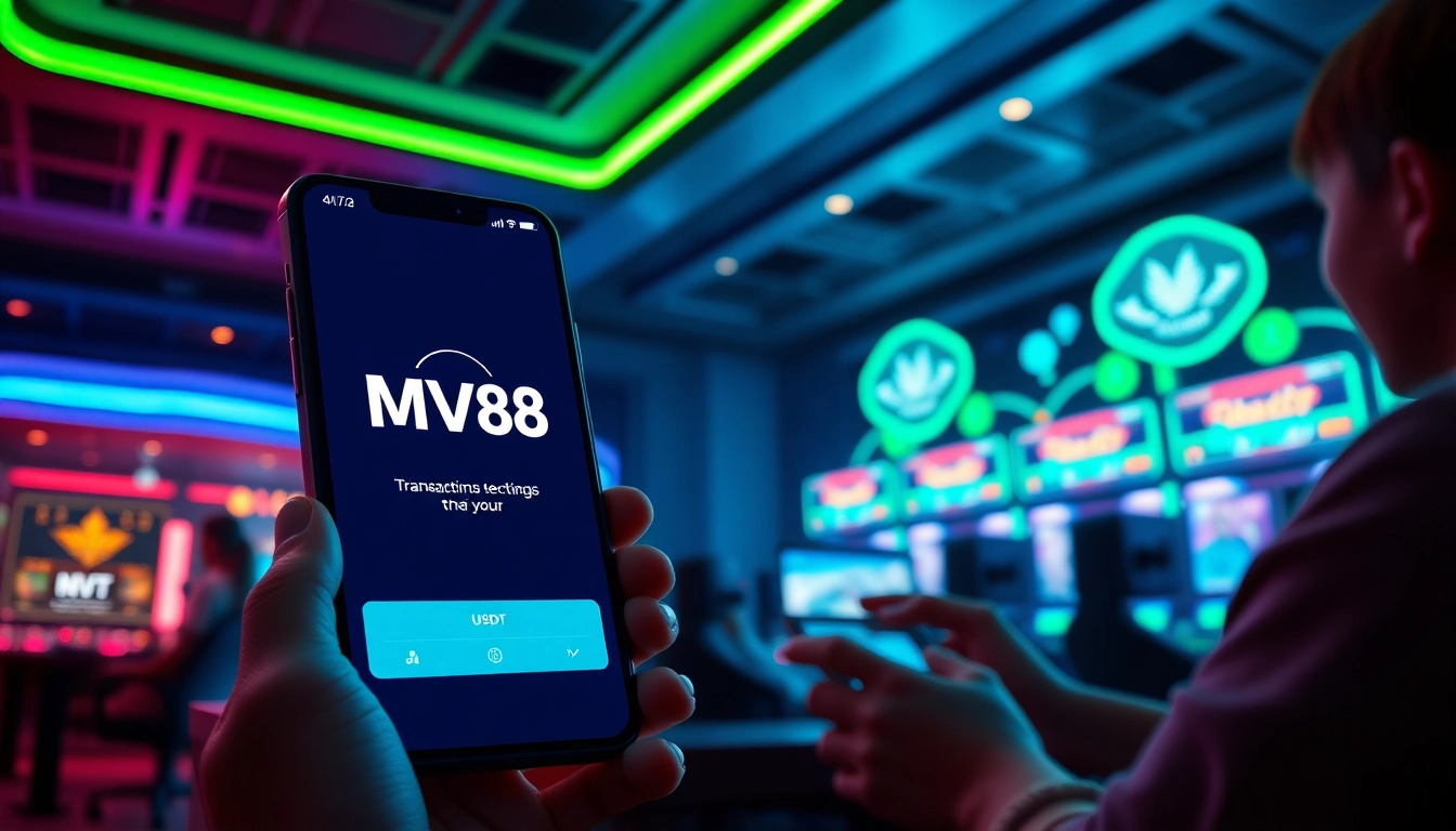 MV 88 online gaming app interface in a modern, vibrant setting with secure transaction elements.