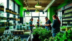 Visit this vibrant Weed Store inside, featuring engaging displays and happy customers.