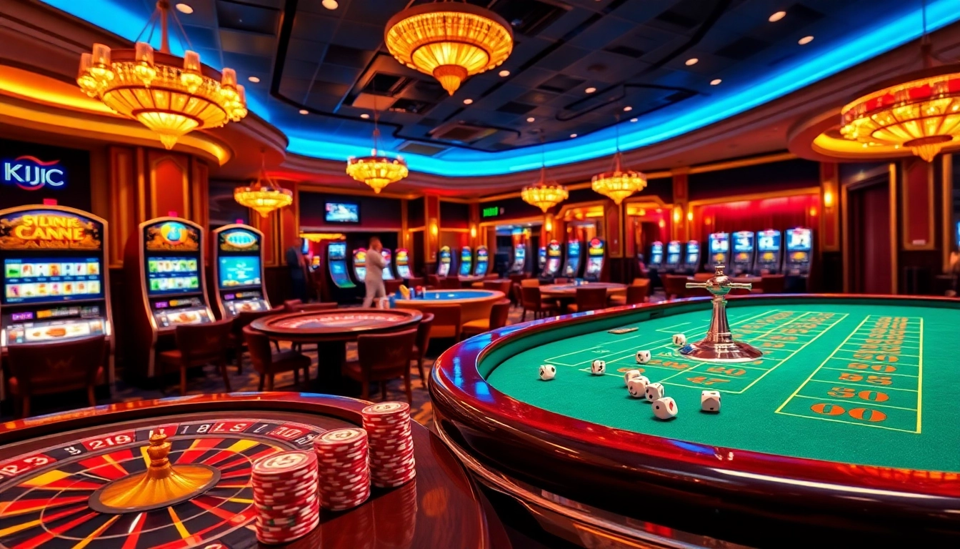 Experience thrilling games at Kjc.com with vibrant casino tables, chips, and slot machines.