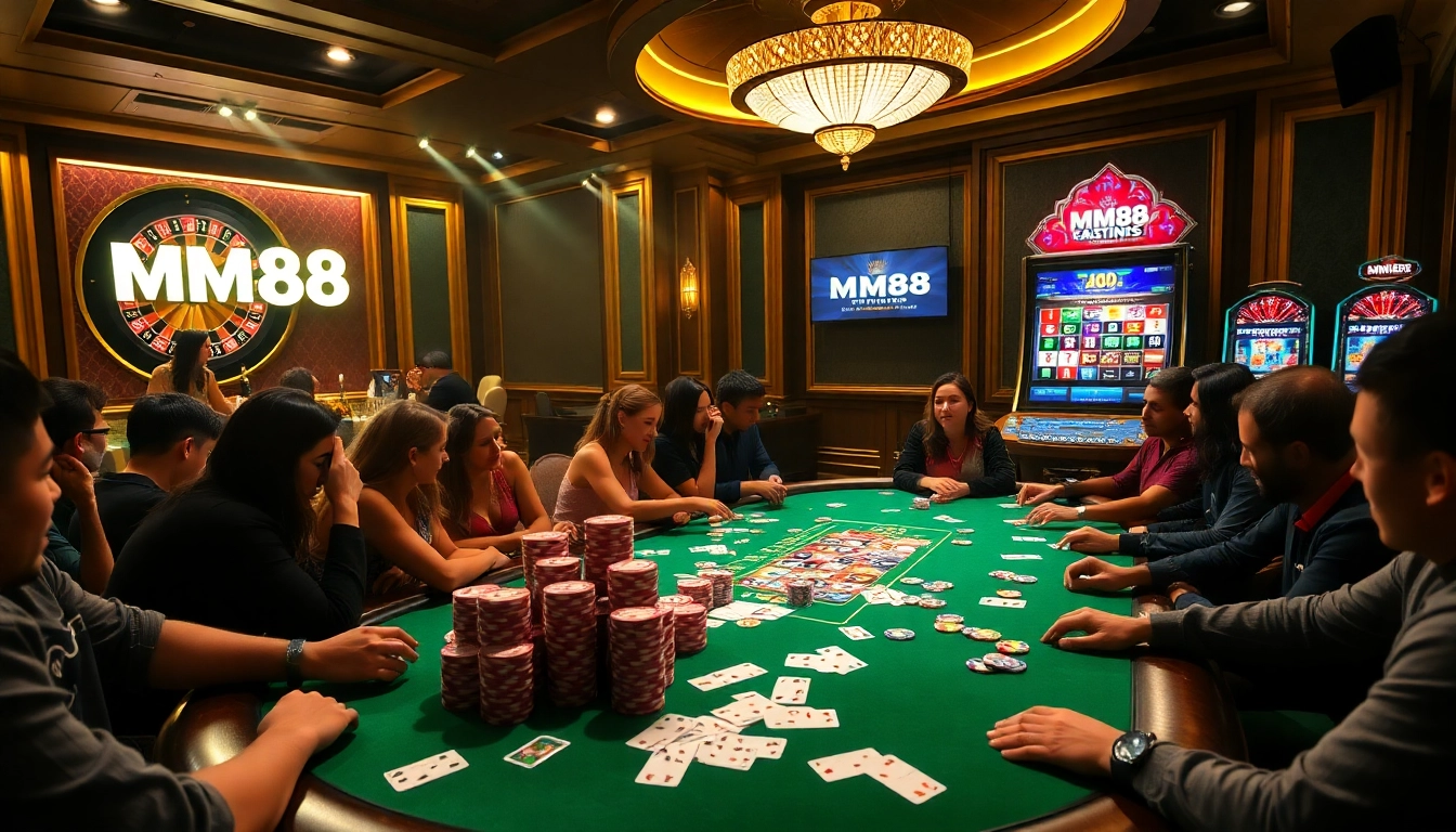 Excited players placing bets at MM88 poker table surrounded by vibrant casino elements.