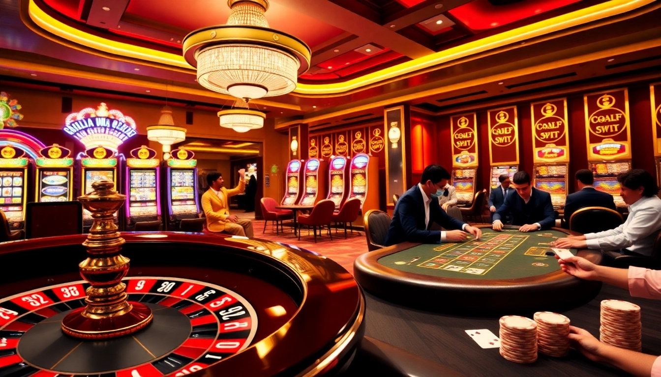 KJC football-themed online gambling scene featuring poker players, a roulette wheel, and slot machines.