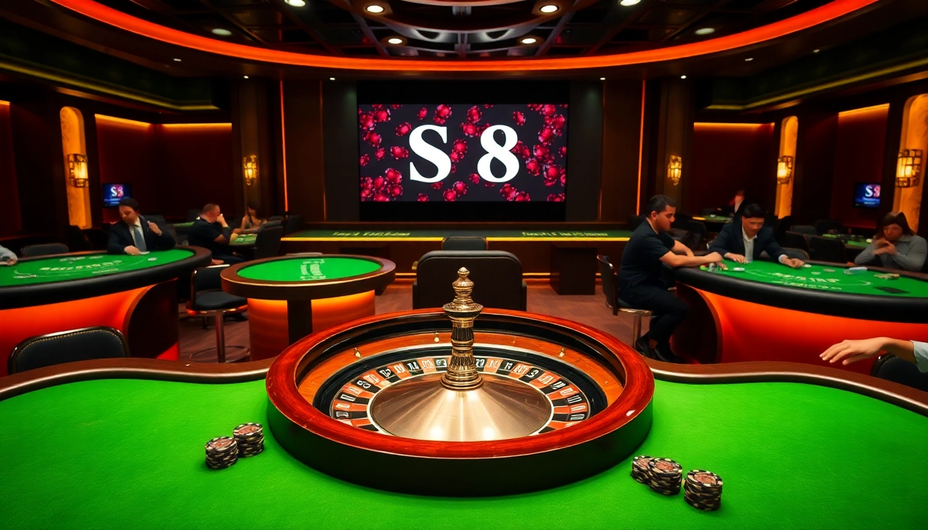 Experience the thrill of S8 casino with an elegant roulette table and vibrant poker action.