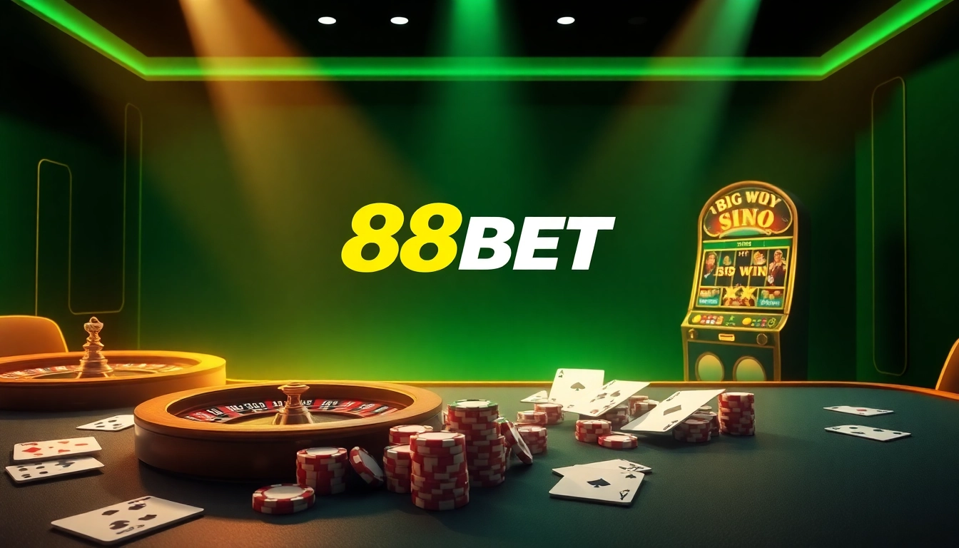 Experience thrilling online gaming at 88bet with an elegant casino atmosphere featuring roulette and poker chips.