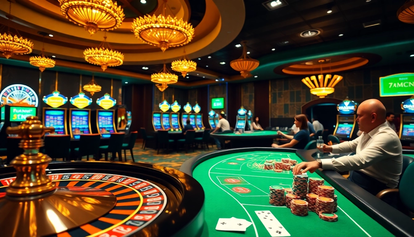 Experience the excitement of betting with 7mcn in a vibrant casino environment showcasing poker and roulette.