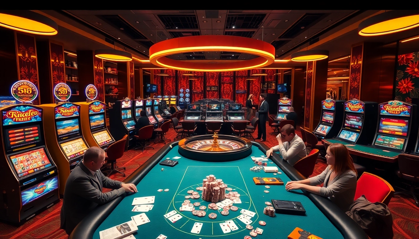 Exciting gaming action at nhà cái sunwin's modern casino, featuring poker tables, slots, and a vibrant atmosphere.