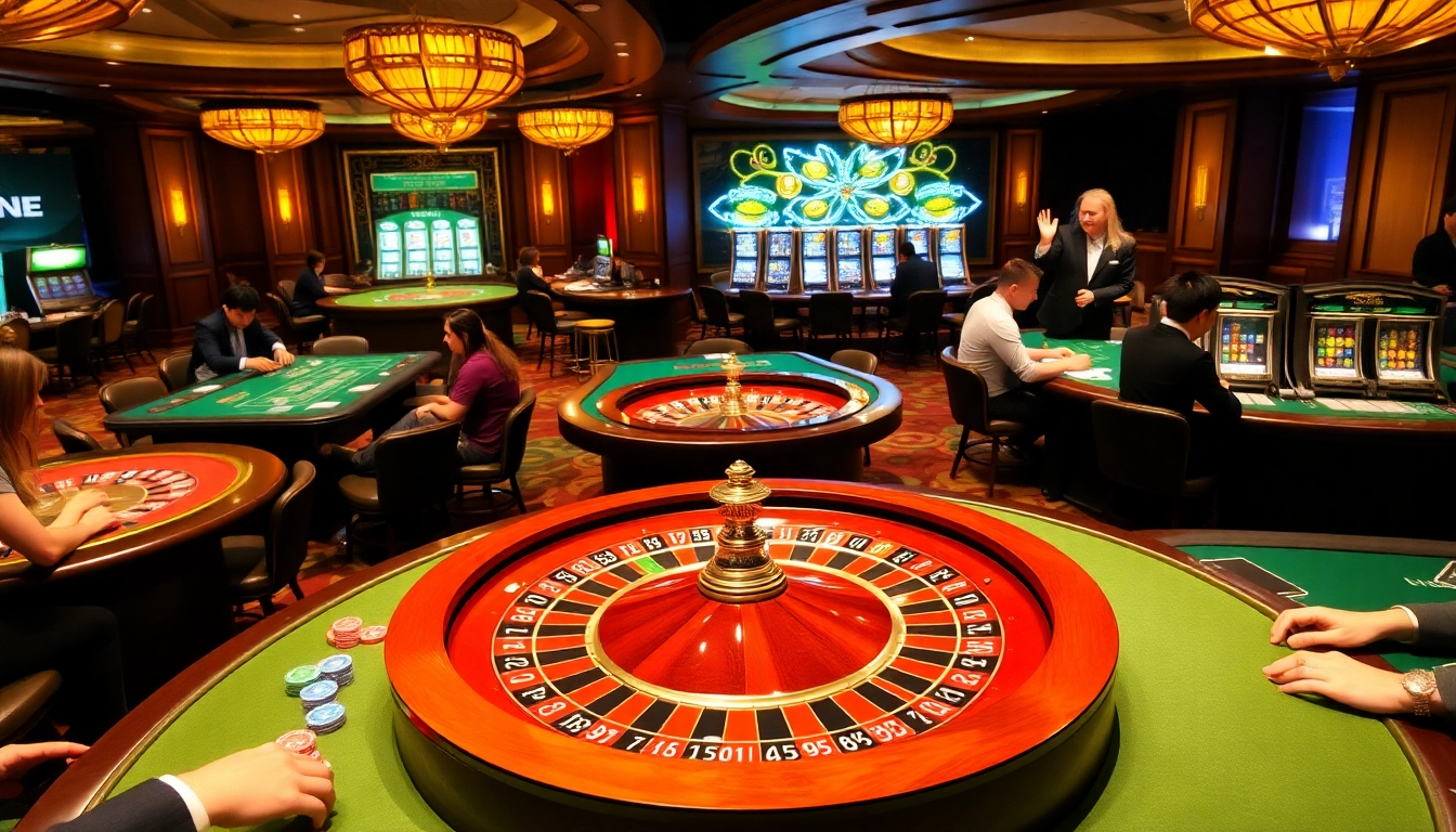 Players engaging in high-stakes gambling at Lc88 casino, showcasing roulette and vibrant atmosphere.