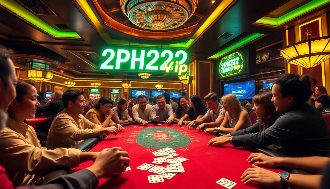 Experience excitement with 2PH222 Vip poker action at a luxurious casino table surrounded by eager players.