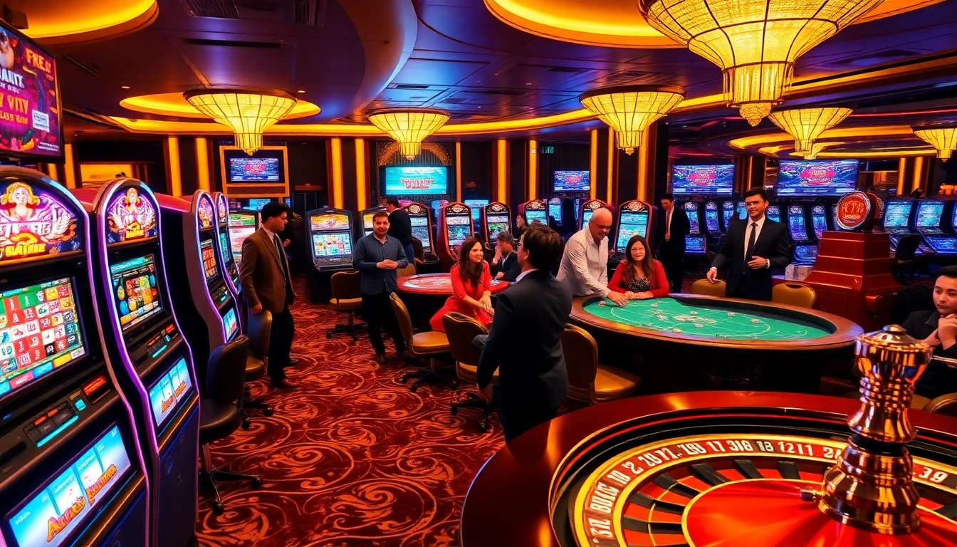 Exciting casino scene at https://tg88com.host/ showcasing vibrant slot machines and engaging gamblers.