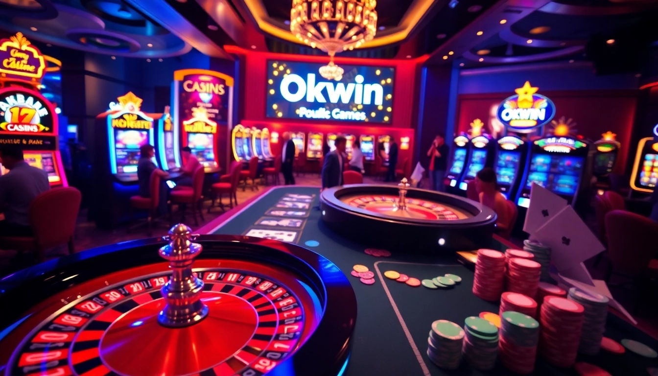 Experience thrilling gameplay at Okwin's luxury casino, featuring poker tables and vibrant slot machines.