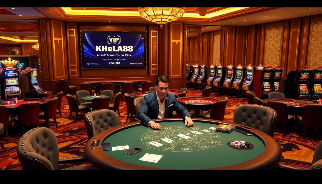 Khela88 VIP player engaging with live dealer at a luxurious casino table featuring blackjack and roulette games.
