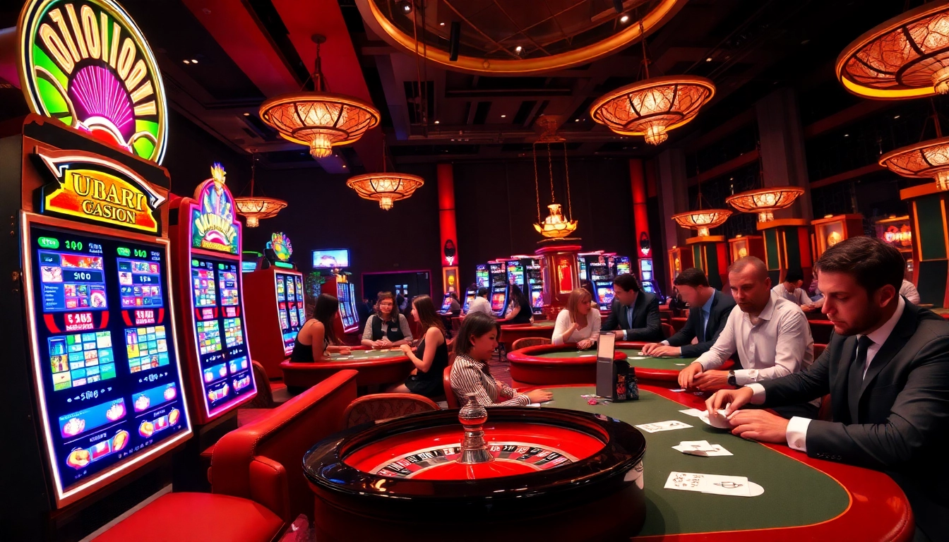 A thrilling gambling scene at nohu90 com showcasing poker tables, slot machines, and excitement.