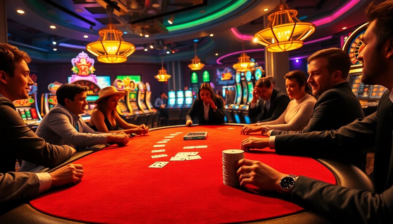 No hu casino players strategizing at a poker table surrounded by vibrant slot machines.