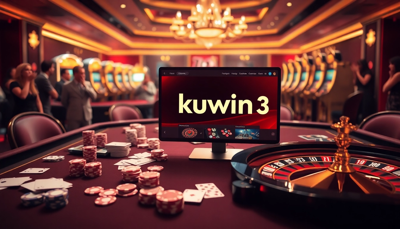 Engaging online gambling action on kuwin3 with poker chips and roulette wheel in a luxurious setting.