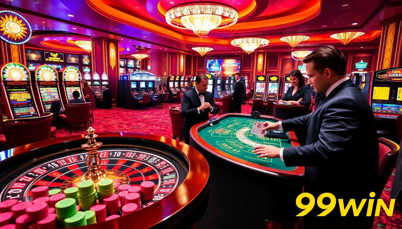 Players enjoy a thrilling game at 99win casino with vibrant roulette table and poker chips.