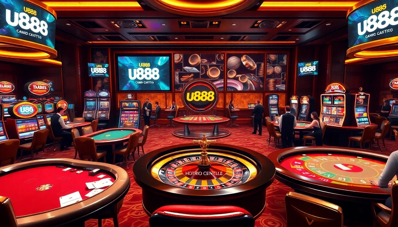 Excited players engaging at u8888 casino, showcasing poker tables and vibrant slot machines.