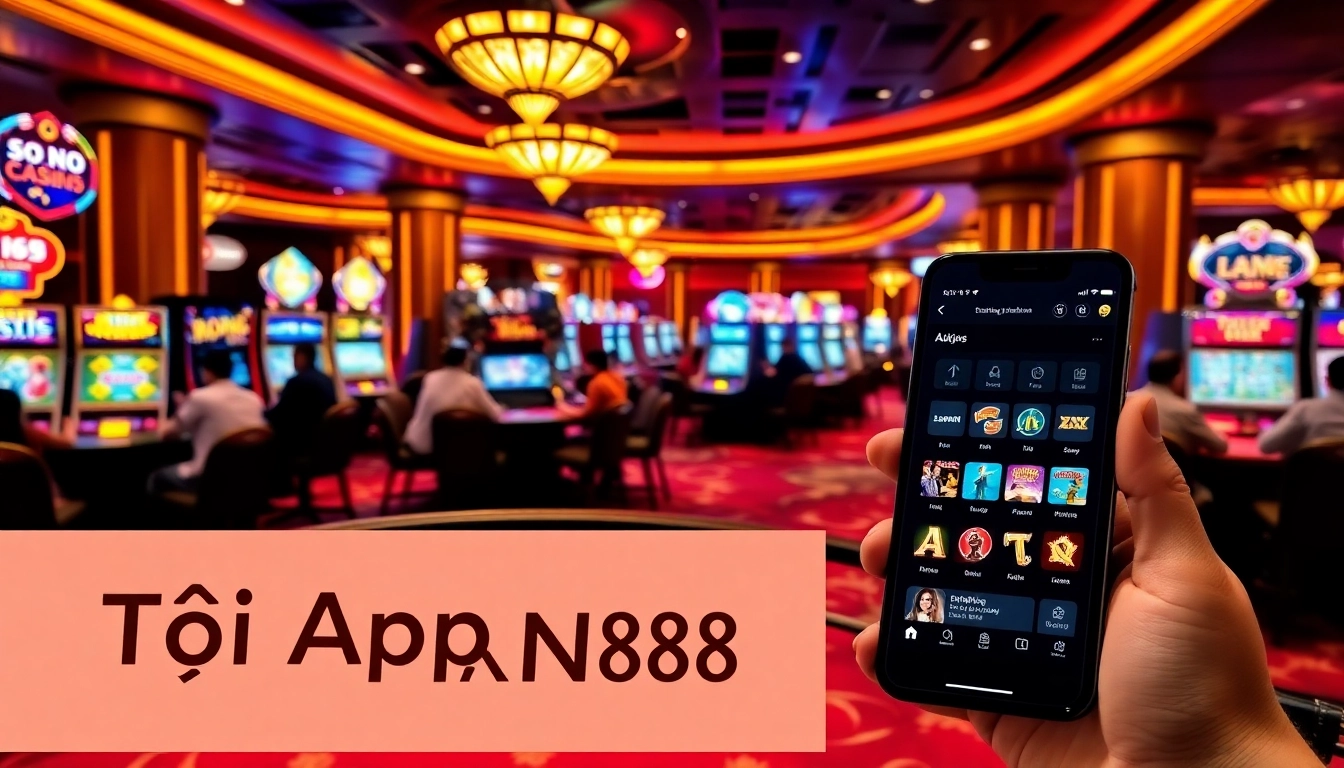 Tải App XN88 on a luxurious casino floor with players enjoying various games.