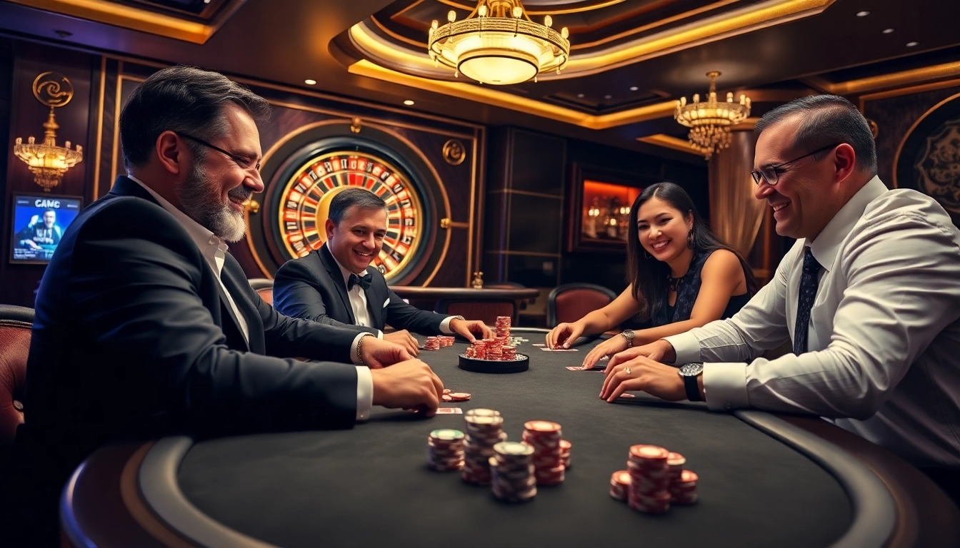 Excited gamblers engaging at the RR88 poker table, celebrating wins with colorful chips and cards.