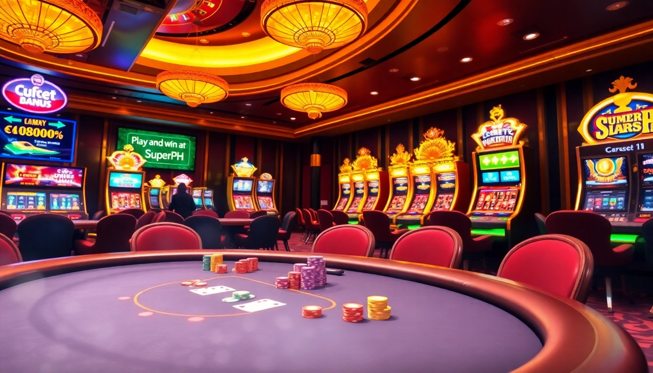 Play and win at SuperPH with vibrant casino gaming visuals showcasing excitement and luxury.