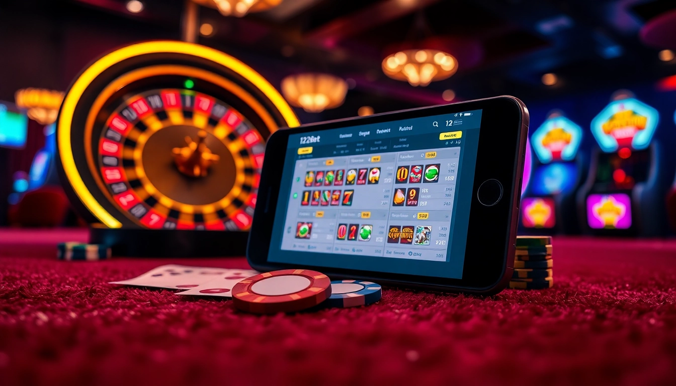 Exciting online gambling scene highlighting ink vao 12bet on a smartphone with vibrant casino elements.