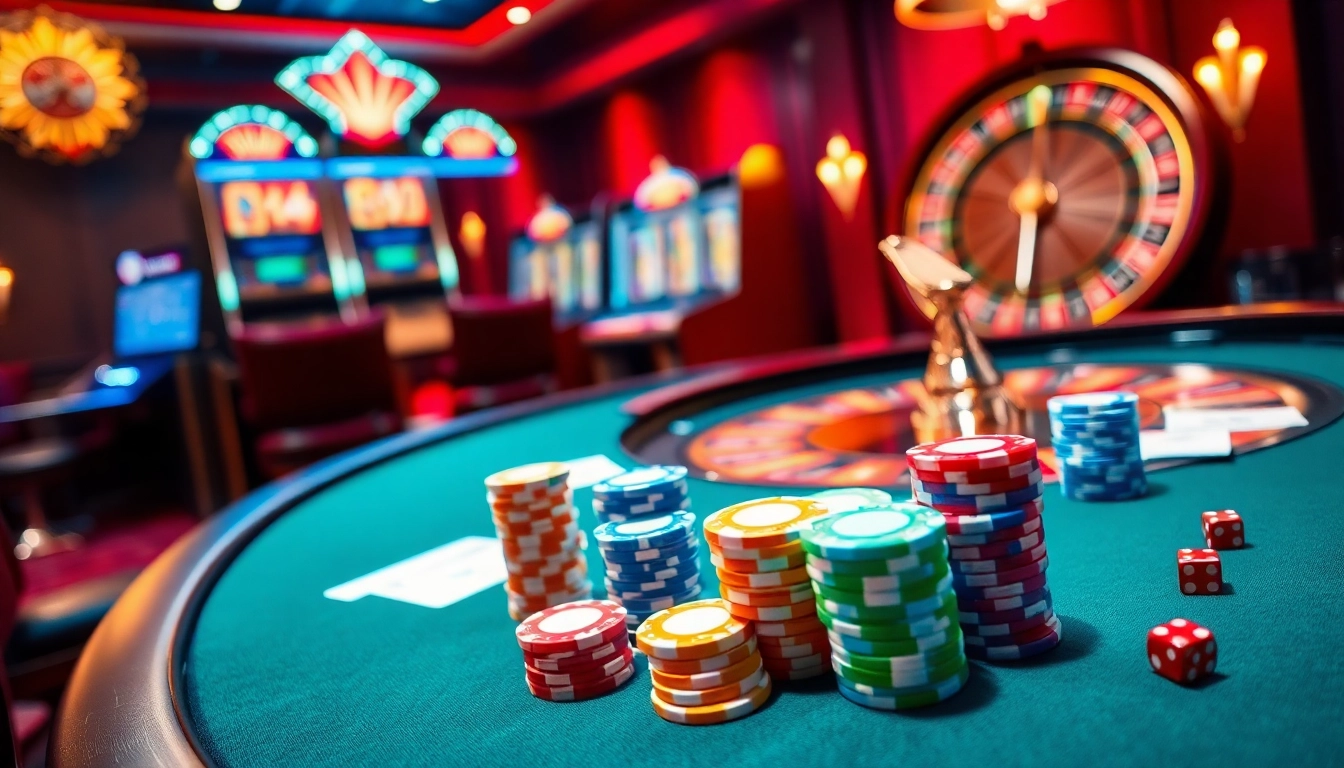 Engaging scene at https://789winjj.com/ showcasing poker chips and roulette in a vibrant casino atmosphere.