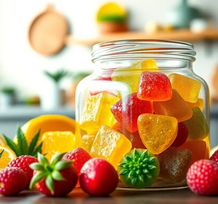 Indulge in delicious Weed Gummies with vibrant colors and a fresh fruit backdrop.