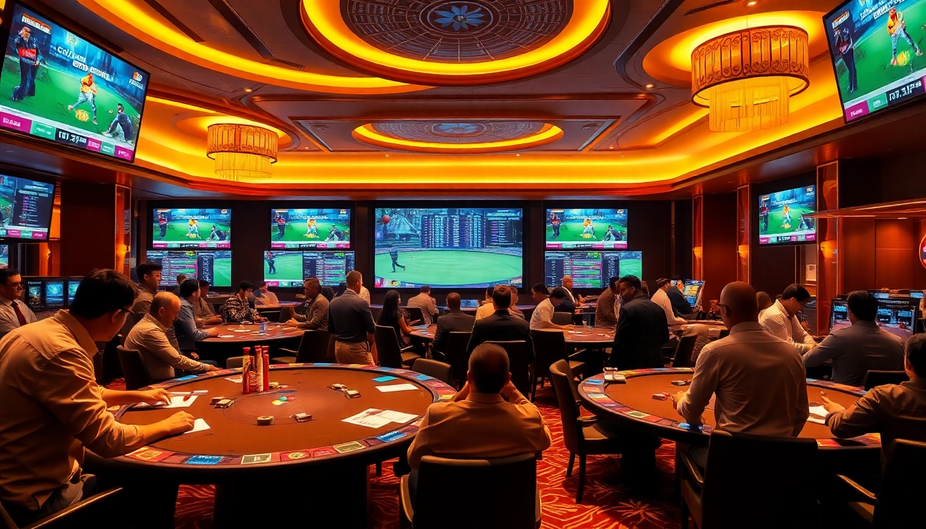 Crickex players strategizing their bets at a vibrant cricket betting table in a luxurious casino.
