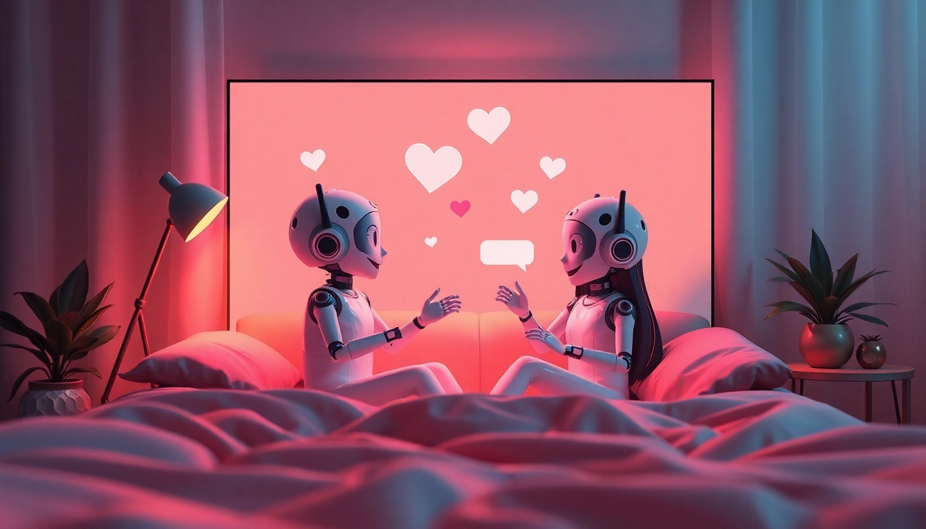 AI chat sex characters engage in playful conversation in a digital, cozy setting.