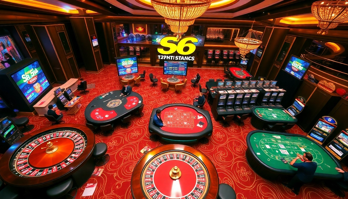 Số Đỏ 66 vibrant casino scene showcasing roulette wheels, poker tables, and slot machines, highlighting the thrill of gambling.