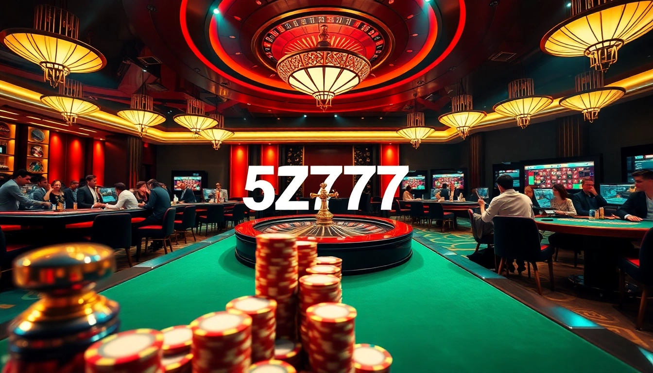 Experience the thrill of casino gaming with 5z777 poker chips and players enjoying their bets at the tables.