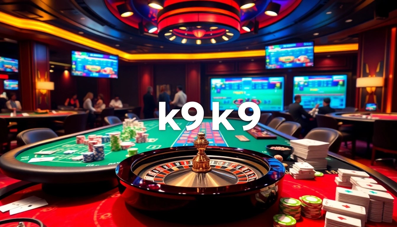 K9K9 casino gaming table with colorful chips and cards, illuminating excitement.