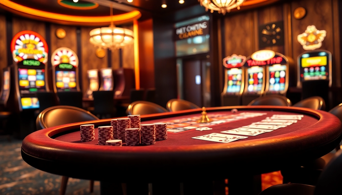 Experience the luxurious atmosphere of ev88vip with stunning poker and roulette setups in a vibrant casino environment.