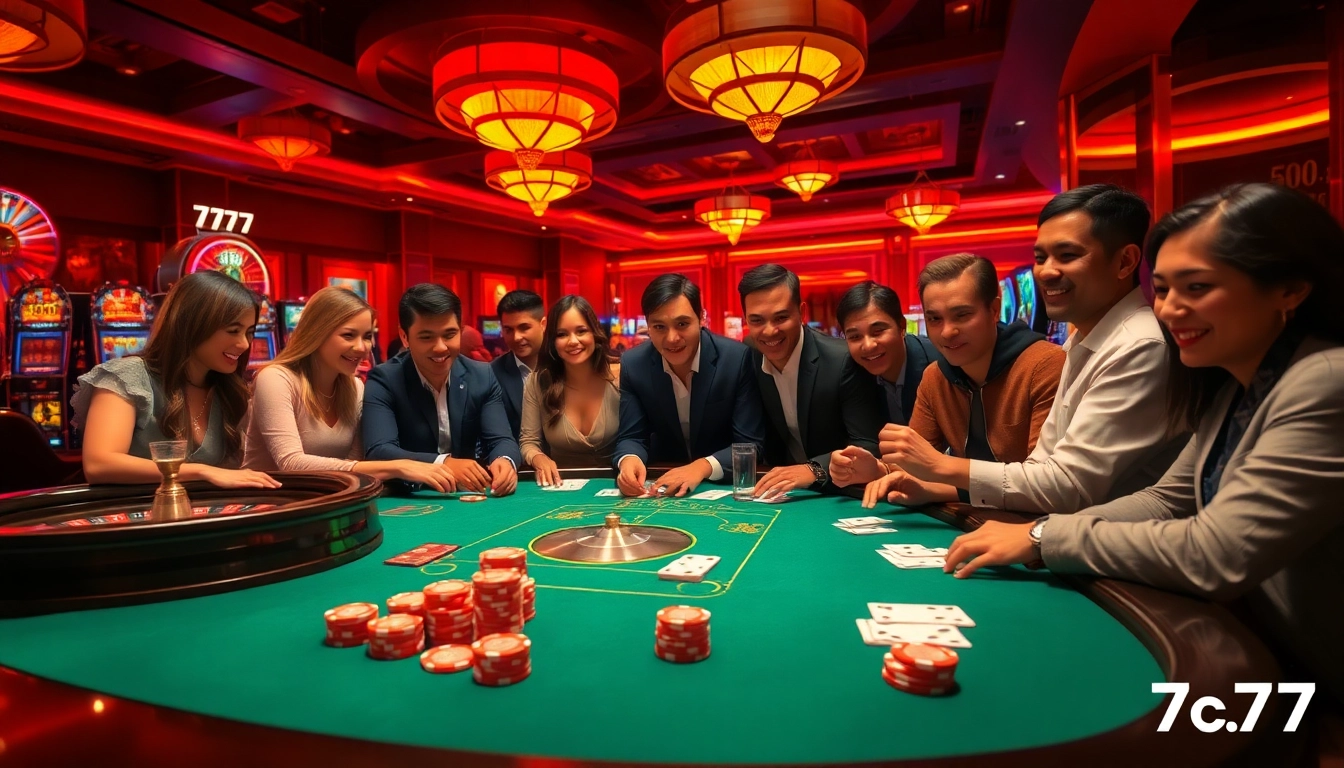 Experience the thrill of winning at the 7c77 casino with vibrant gaming tables and excited players.