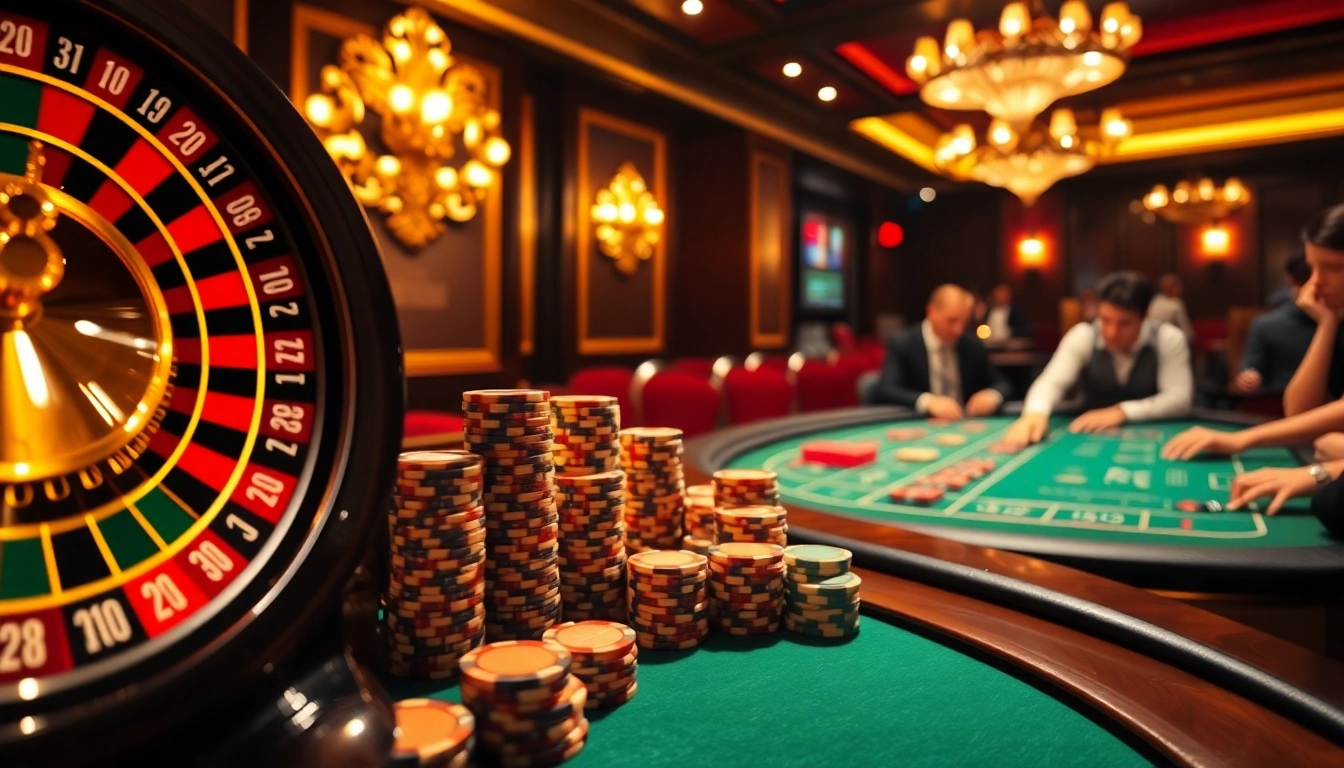 The thrilling top club casino experience with roulette wheel, poker chips, and a blackjack table.