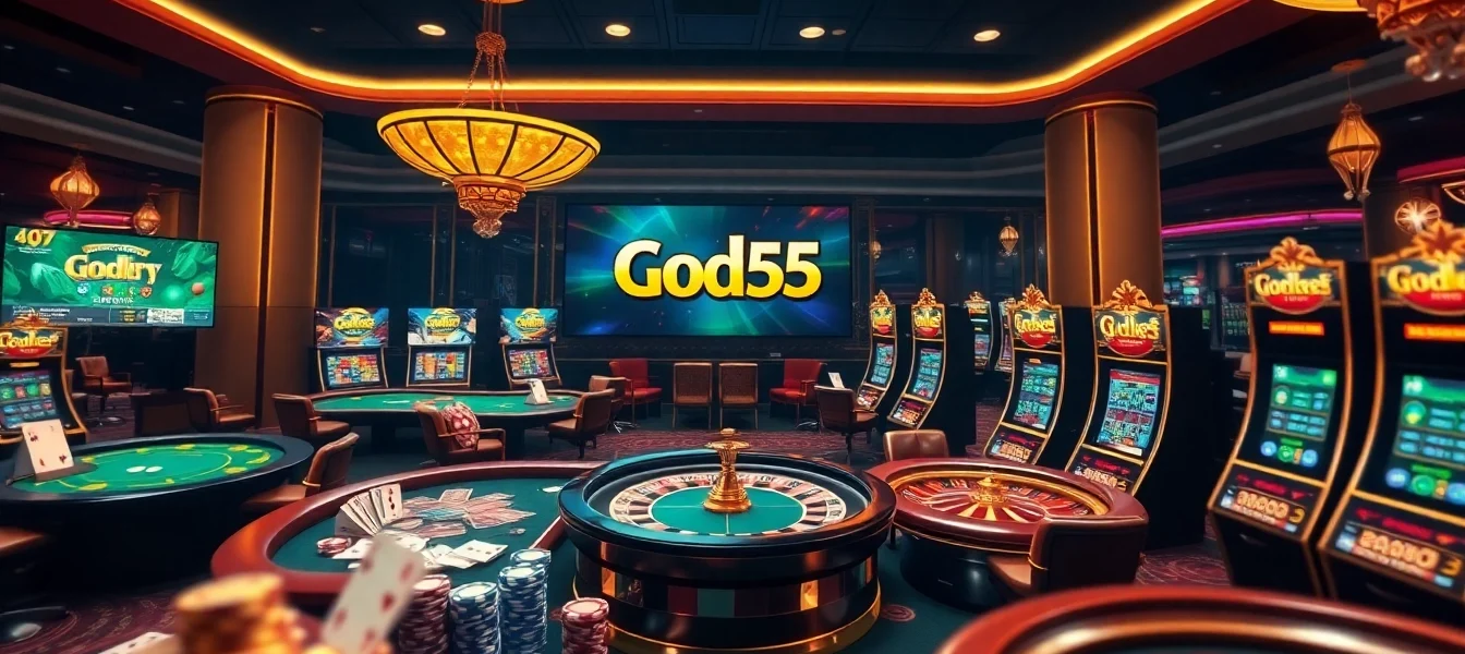 Experience the thrill of betting on God55 with poker tables and vibrant casino elements.