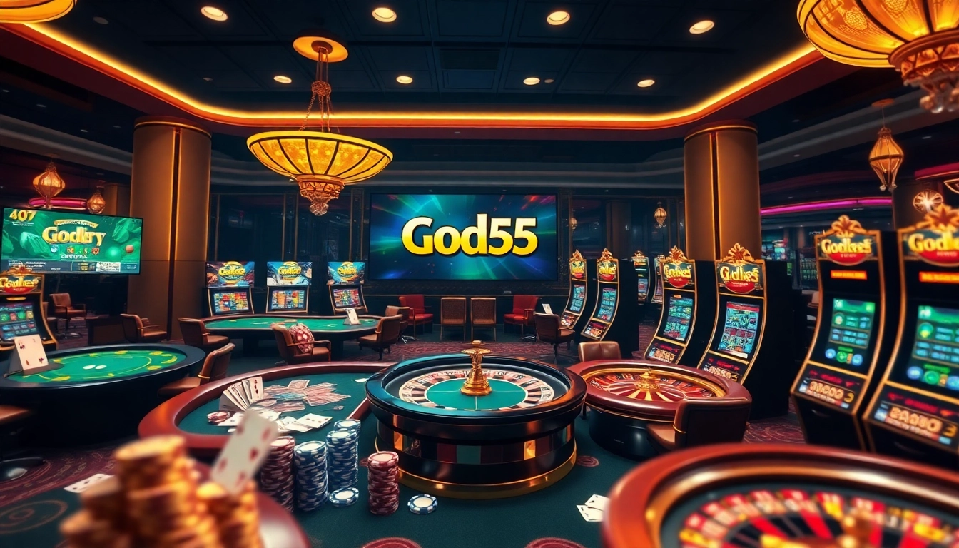Experience the thrill of betting on God55 with poker tables and vibrant casino elements.