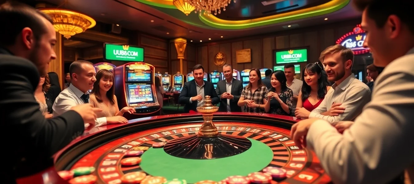 Players enjoying the excitement of UU88 COM at a stylish casino table with vibrant roulette wheels.
