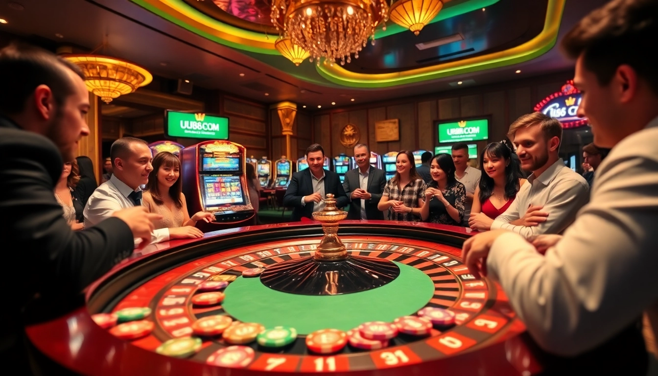 Players enjoying the excitement of UU88 COM at a stylish casino table with vibrant roulette wheels.