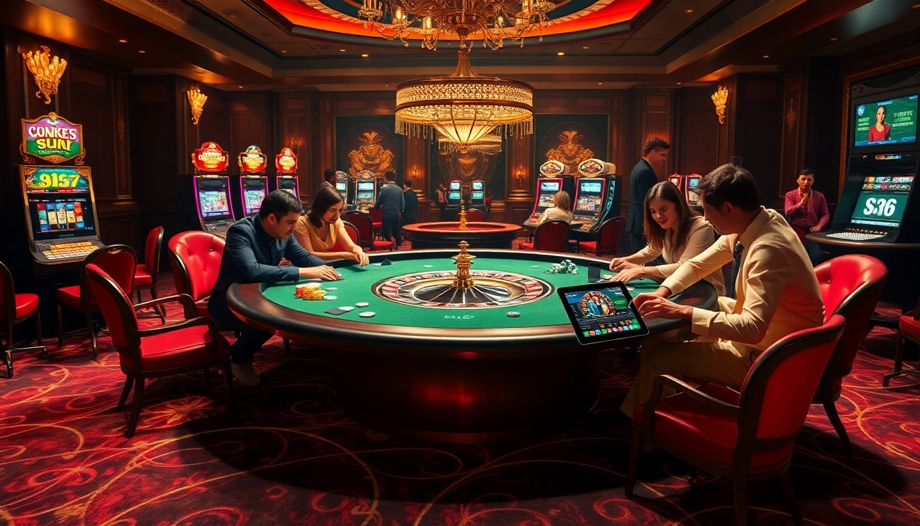 Số Đỏ 66 players enjoying a thrilling evening at a luxury casino table amidst vibrant slot machines.