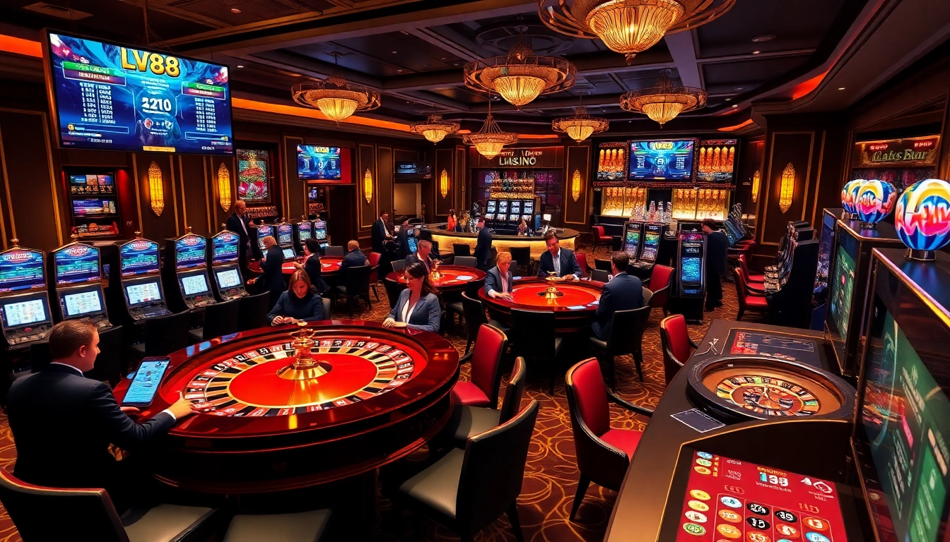Experience the excitement of online gambling at LV88 link with vibrant casino scenes featuring roulette and poker.