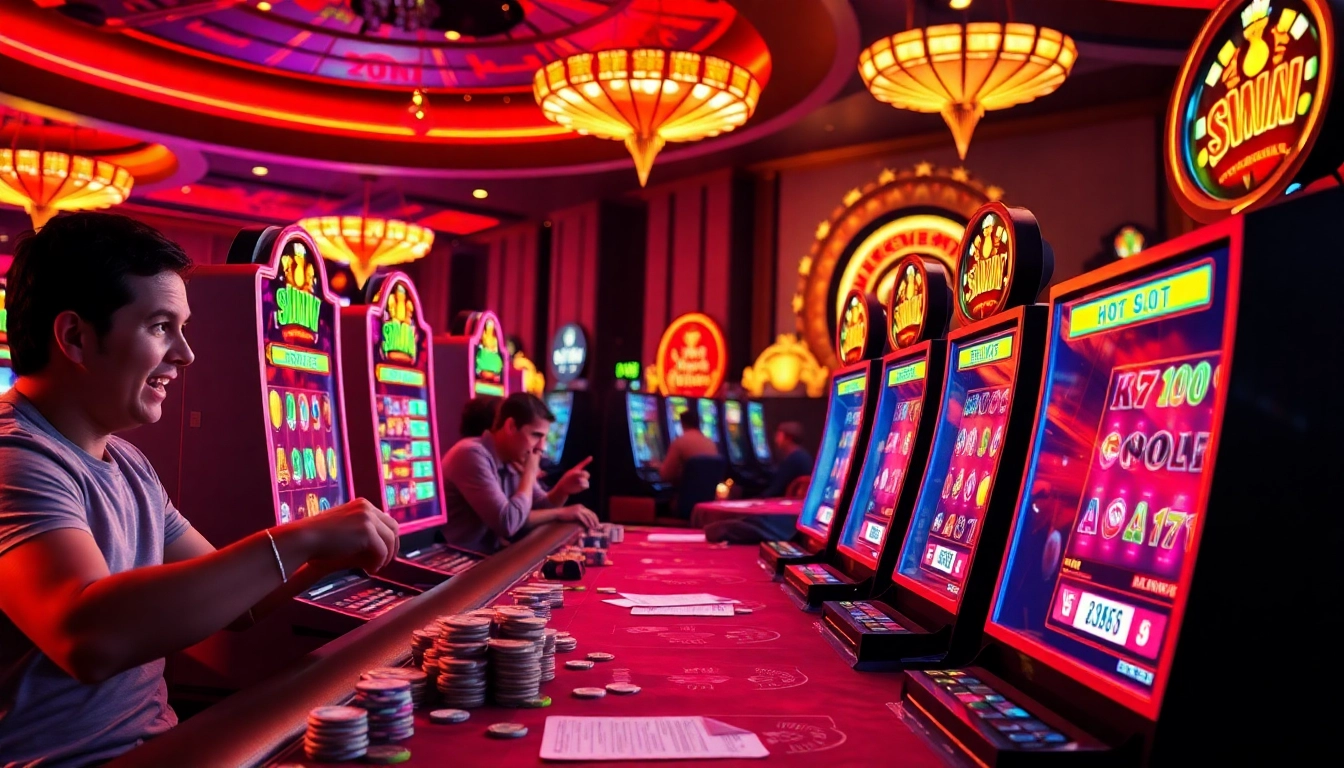 Players enjoying the thrill of idn slot gaming at an upscale casino with vibrant slot machines and betting chips.