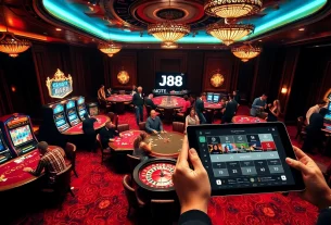 Players enjoying a high-stakes game with J88 slot machines and vibrant casino visuals.