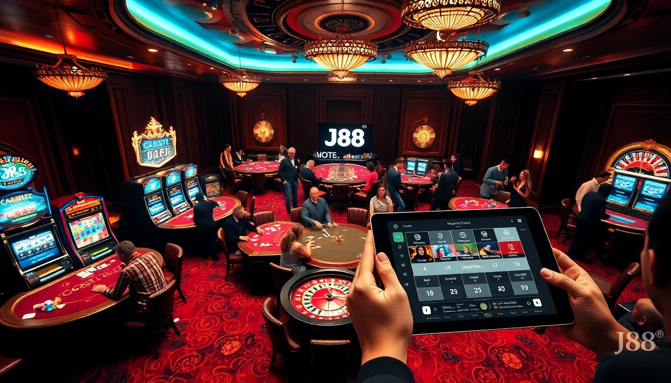 Players enjoying a high-stakes game with J88 slot machines and vibrant casino visuals.